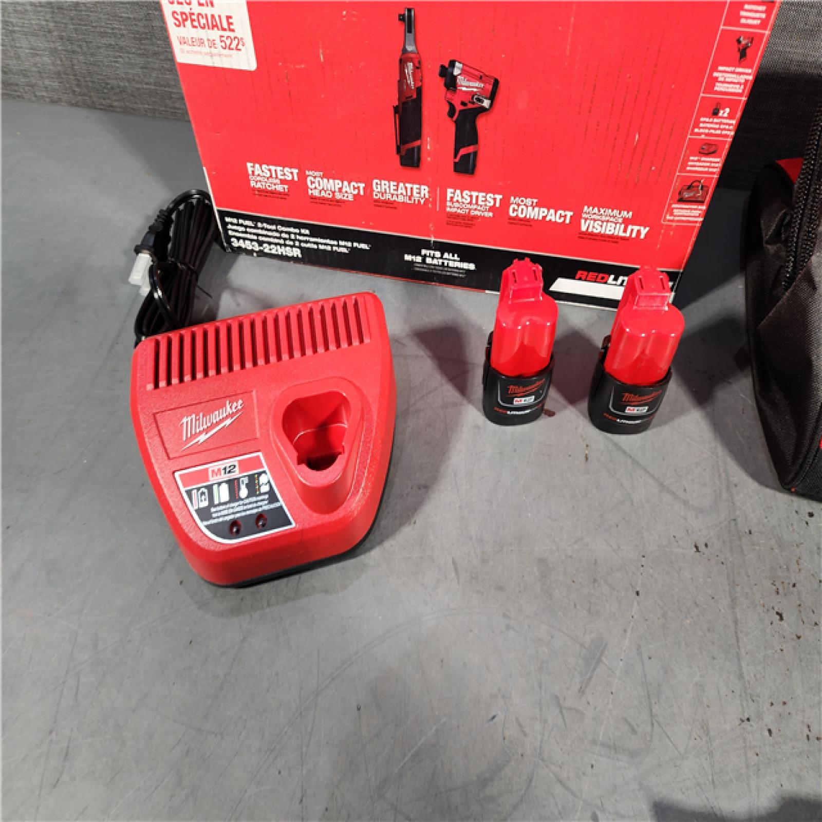 HOUSTON LOCATION - AS-IS (APPEARS LIKE NEW) Milwaukee 3453-22HSR M12 FUEL 12V Lithium-Ion Cordless 3/8 in. Ratchet and 1/4 in. Impact Driver Kit