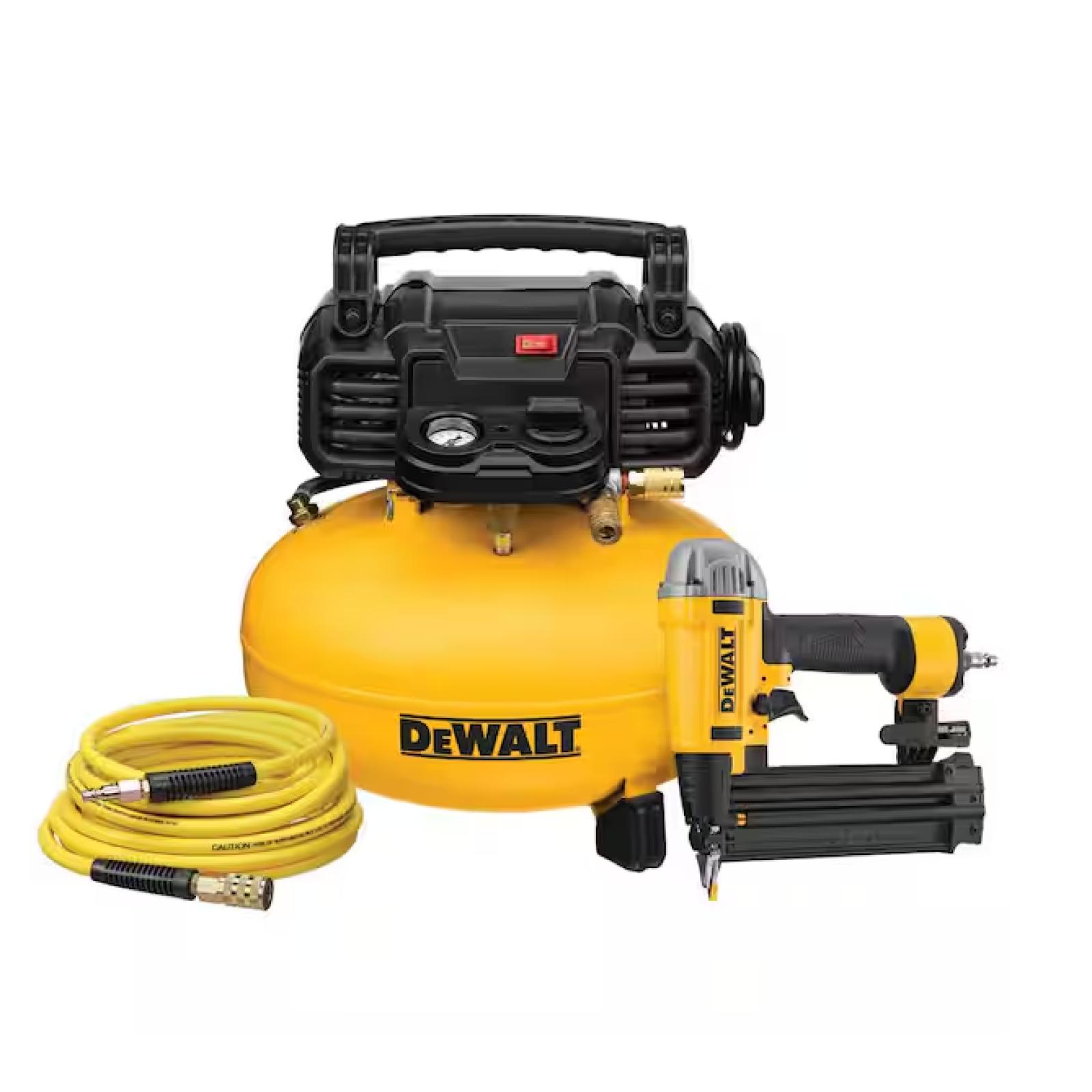 DALLAS LOCATION - NEW! DEWALT 6 Gal. 18-Gauge Brad Nailer and Heavy-Duty Pancake Electric Air Compressor Combo Kit PALLET -(4 UNITS)