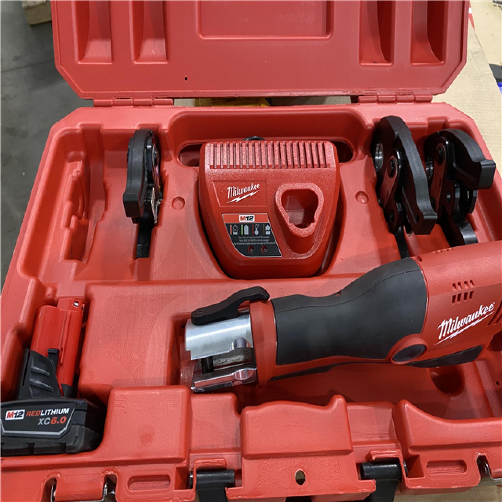 AS - IS Milwaukee M12 12-Volt Lithium-Ion Force Logic Cordless Press Tool Kit with 1/2 in. to 1 in. Iron Pipe Jaws (6-Jaws Included)