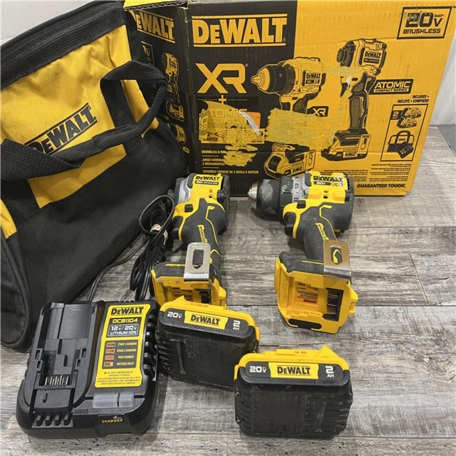 AS-IS DEWALT 20V MAX XR Cordless Drill/Driver, ATOMIC Impact Driver 2 Tool Combo Kit, (2) 2.0Ah Batteries, Charger, and Bag