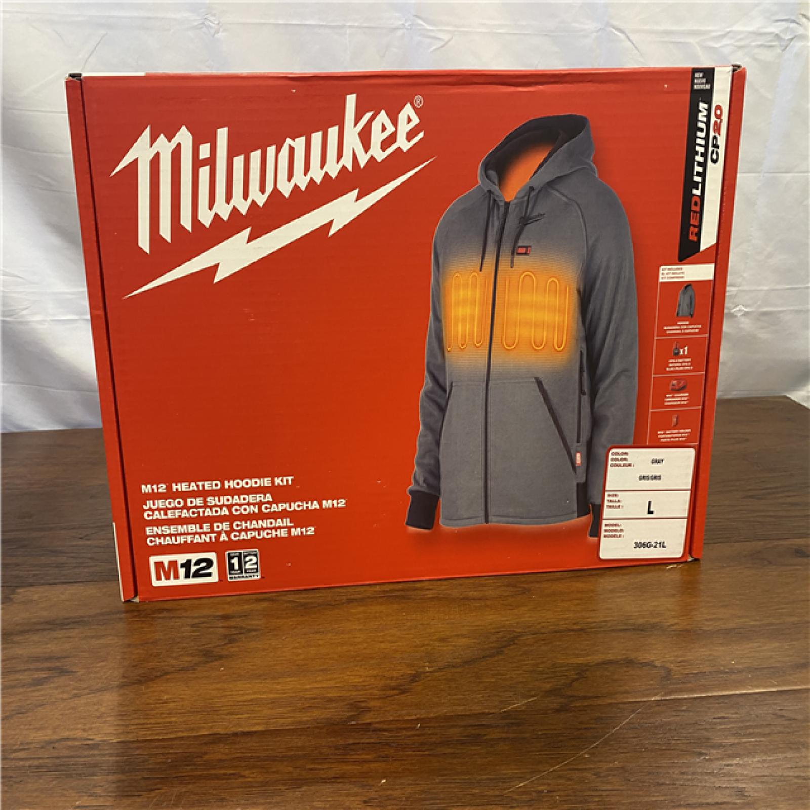 NEW! Milwaukee Men's Large M12 12-Volt Lithium-Ion Cordless Gray Heated Jacket Hoodie Kit with (1) 2.0 Ah Battery and Charger