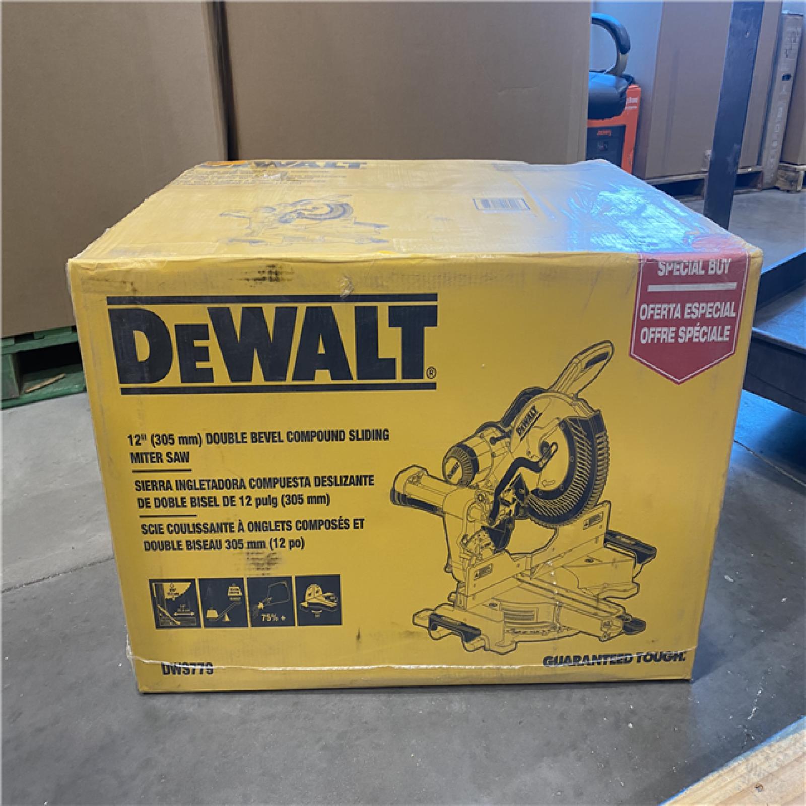 AS-IS DEWALT 15 Amp Corded 12 in. Double Bevel Sliding Compound Miter Saw, Blade Wrench and Material Clamp