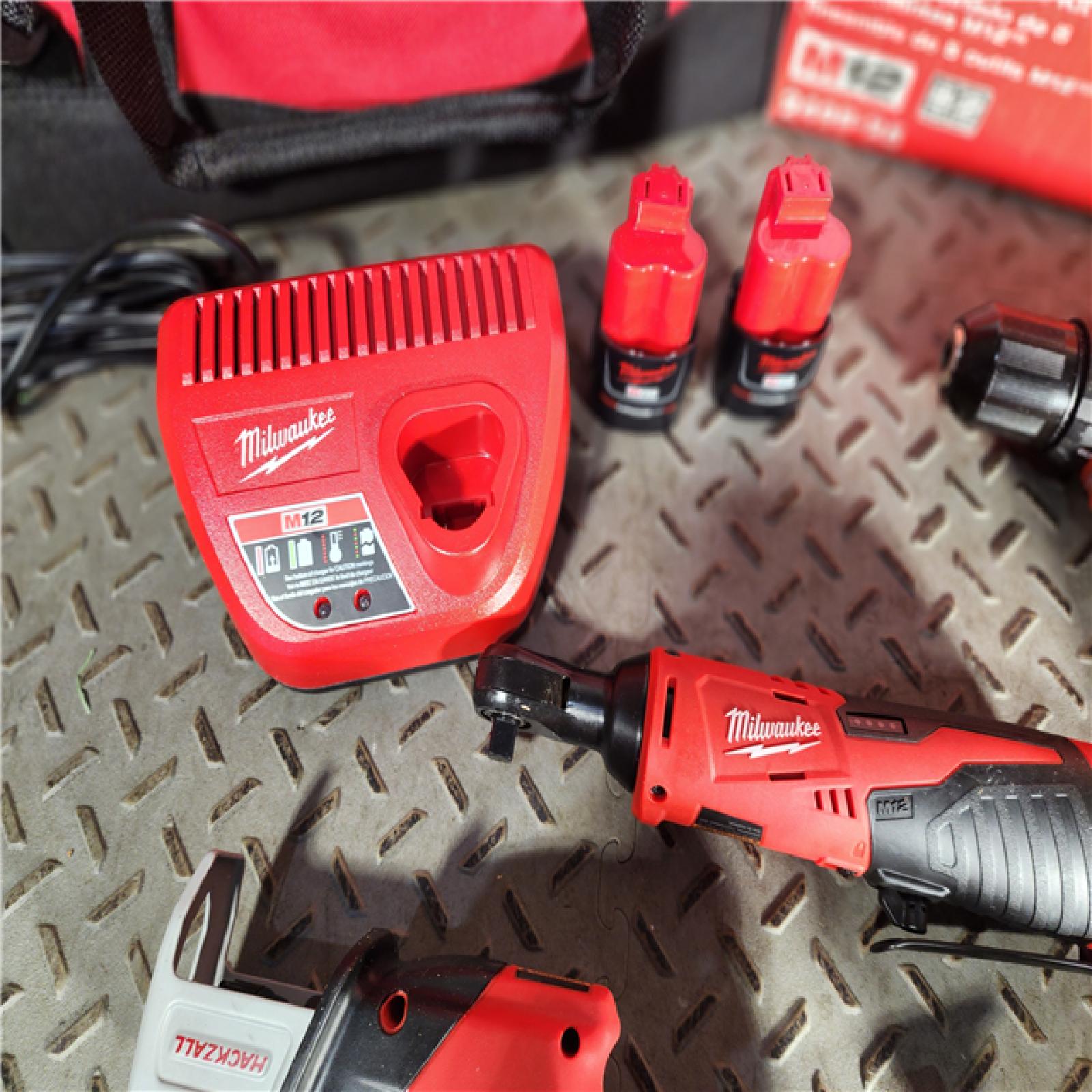 HOUSTON LOCATION - AS-IS MILWAUKEE M12 12V Lithium-Ion Cordless Combo Kit (5-Tool) with Two 1.5Ah Batteries, Charger & Tool Bag