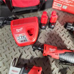 HOUSTON LOCATION - AS-IS MILWAUKEE M12 12V Lithium-Ion Cordless Combo Kit (5-Tool) with Two 1.5Ah Batteries, Charger & Tool Bag