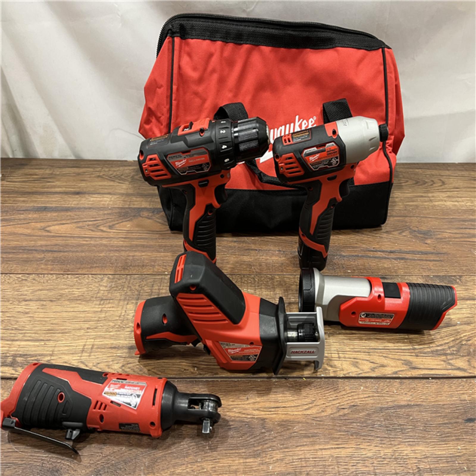 AS IS MILWAUKEE M12 12V Lithium-Ion Cordless Combo Kit (5-Tool) with Two 1.5Ah Batteries, Charger & Tool Bag