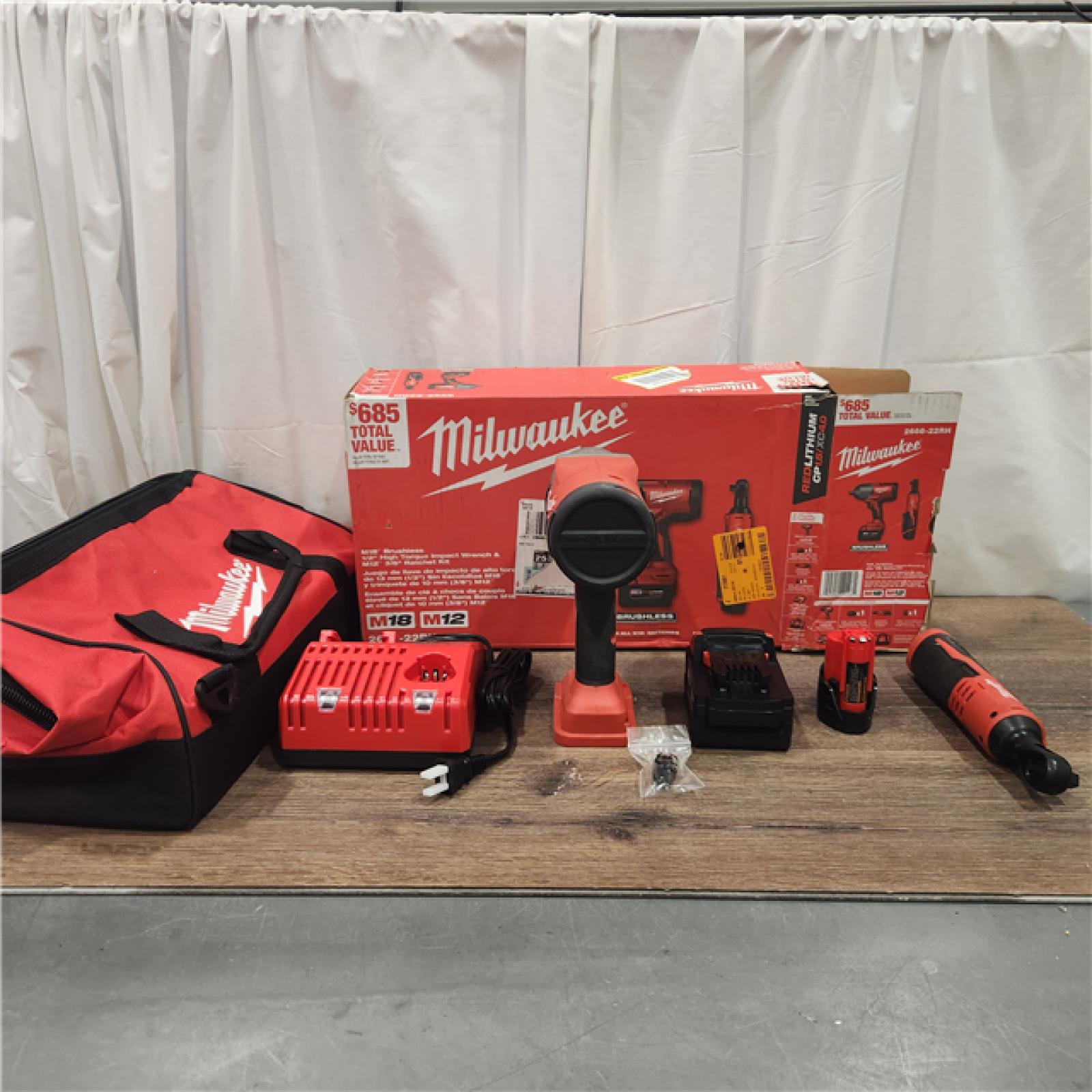 AS IS M12/M18 12/18V Lithium-Ion Cordless 3/8 in. Ratchet and 1/2 in. High Torque Impact Wrench with Friction Ring Combo Kit