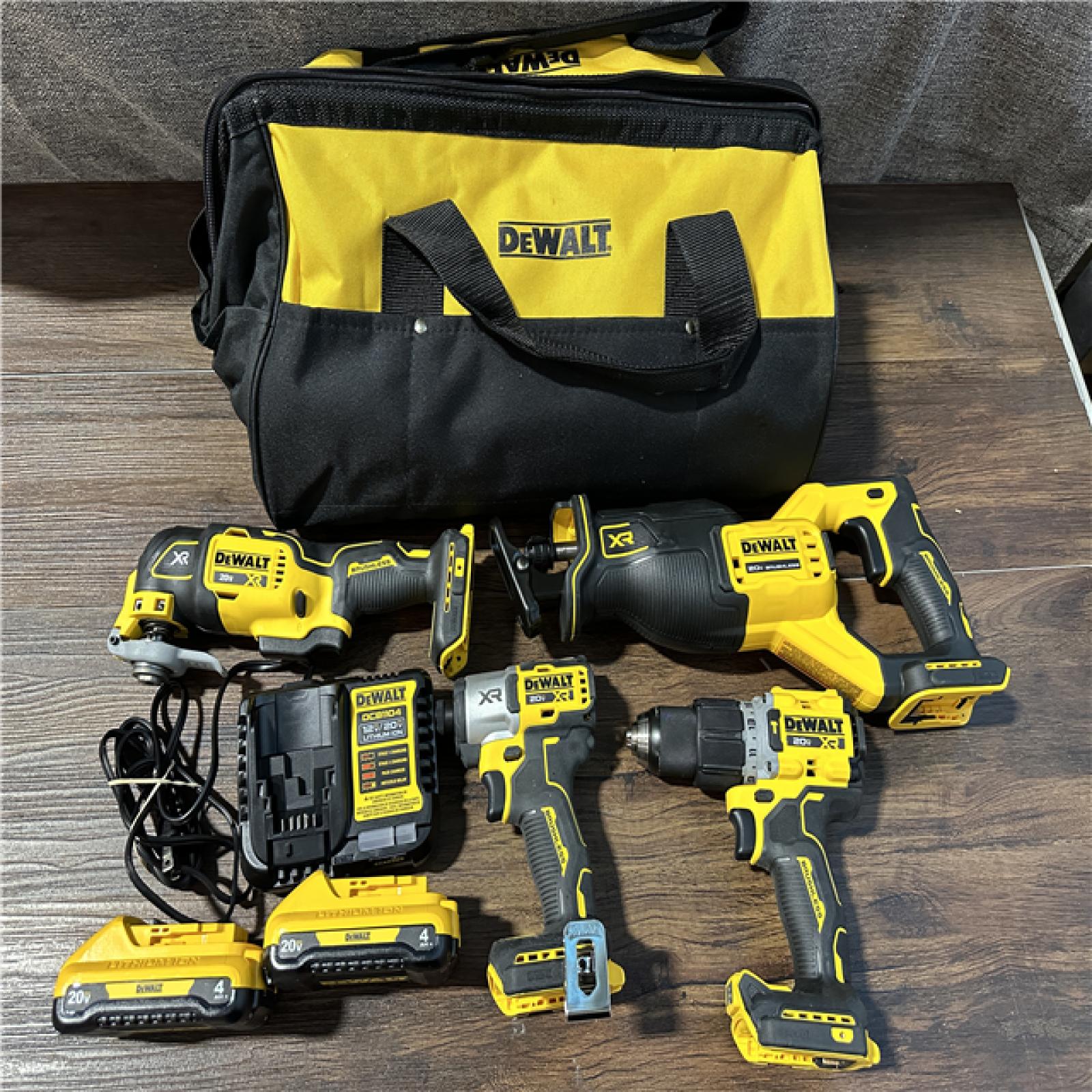 California AS-IS DeWalt 4-Tool Combo Kit, includes (2) Batteries, Charger and Bag