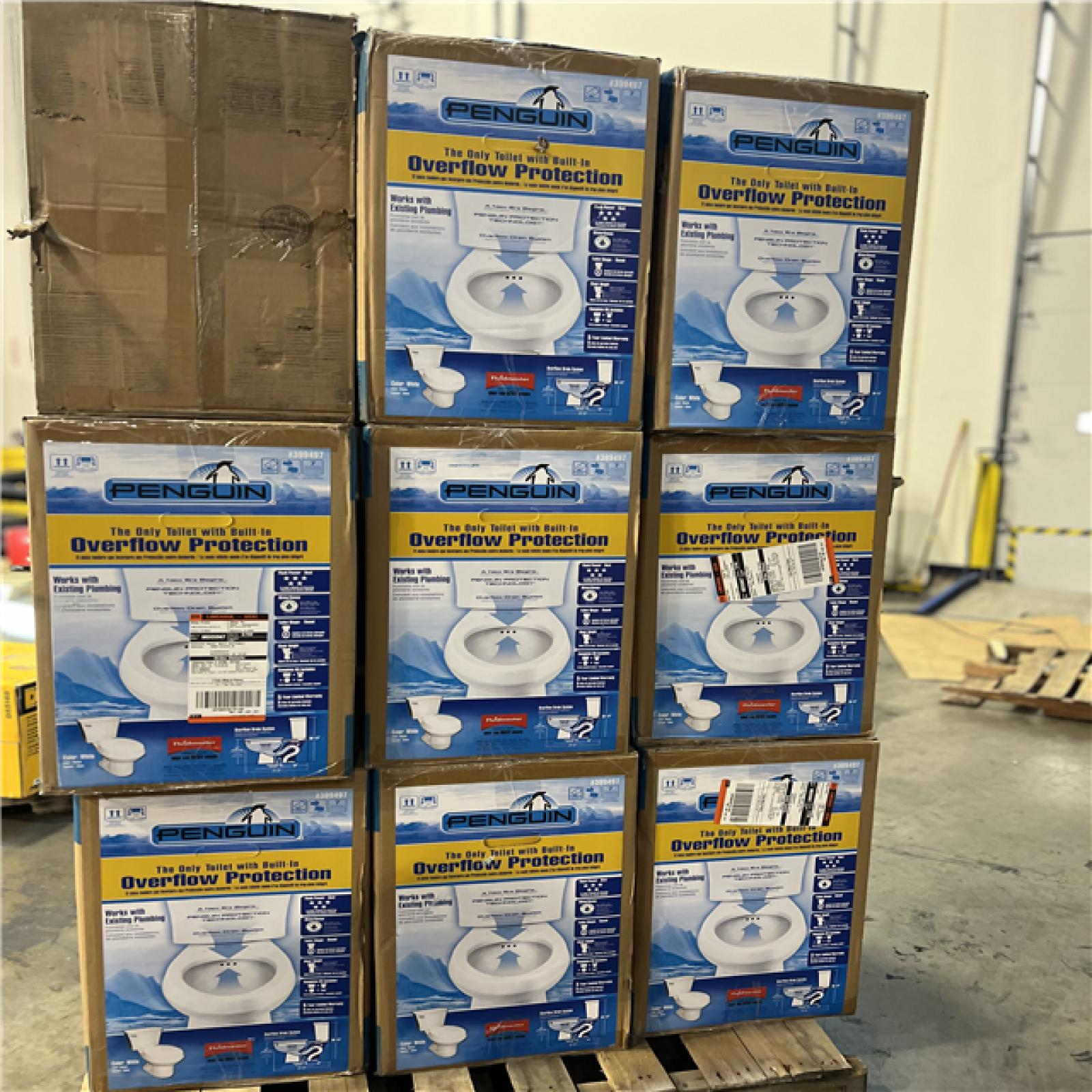 DALLAS LOCATION - Penguin Toilets 2-piece 1.28 GPF Single Flush Round Toilet with Patented Overflow Protection Technology in White with Seat PALLET - (9 UNITS)