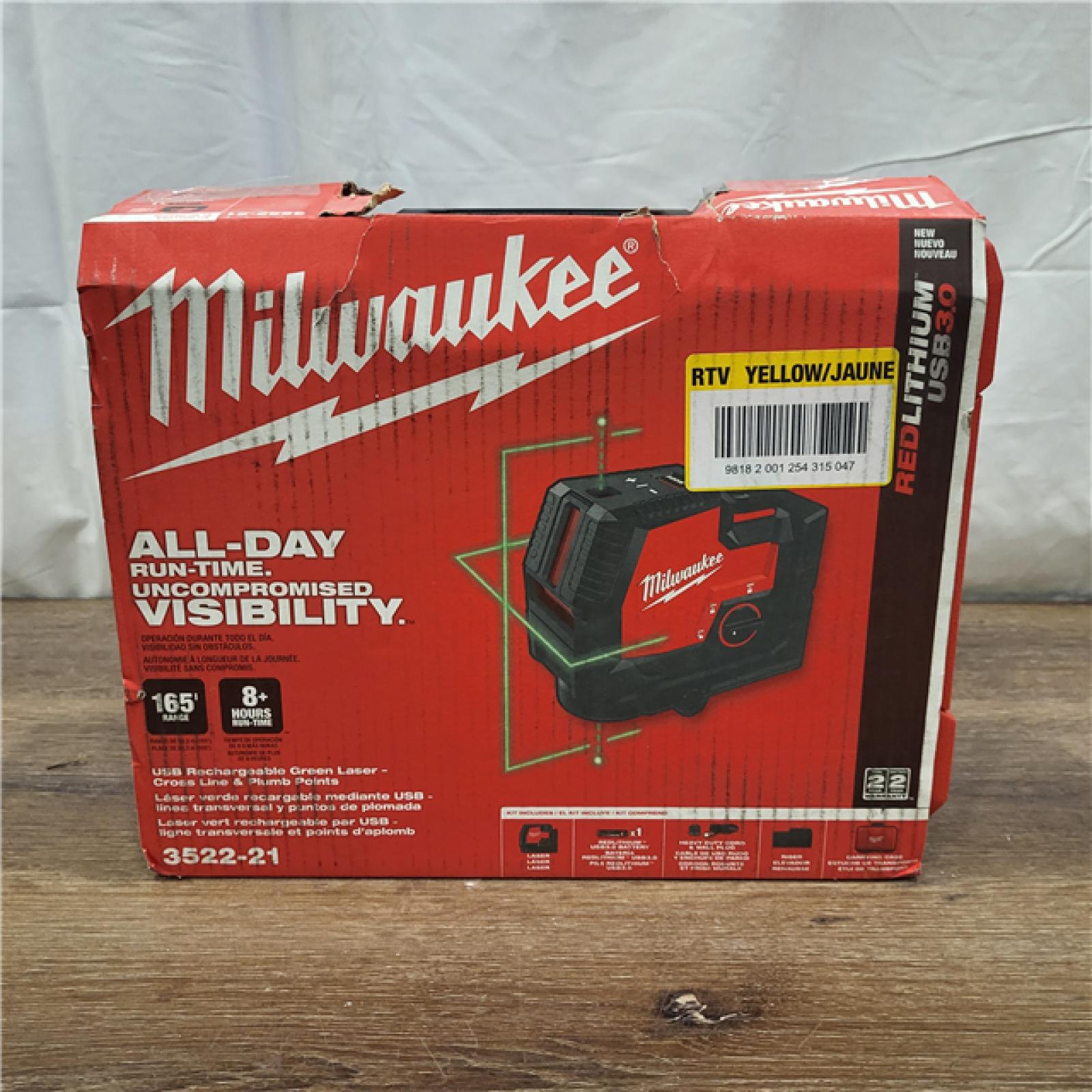 AS-IS Milwaukee-3522-21 Green Beam Laser Cross Line Plumb Point USB Rechargeable