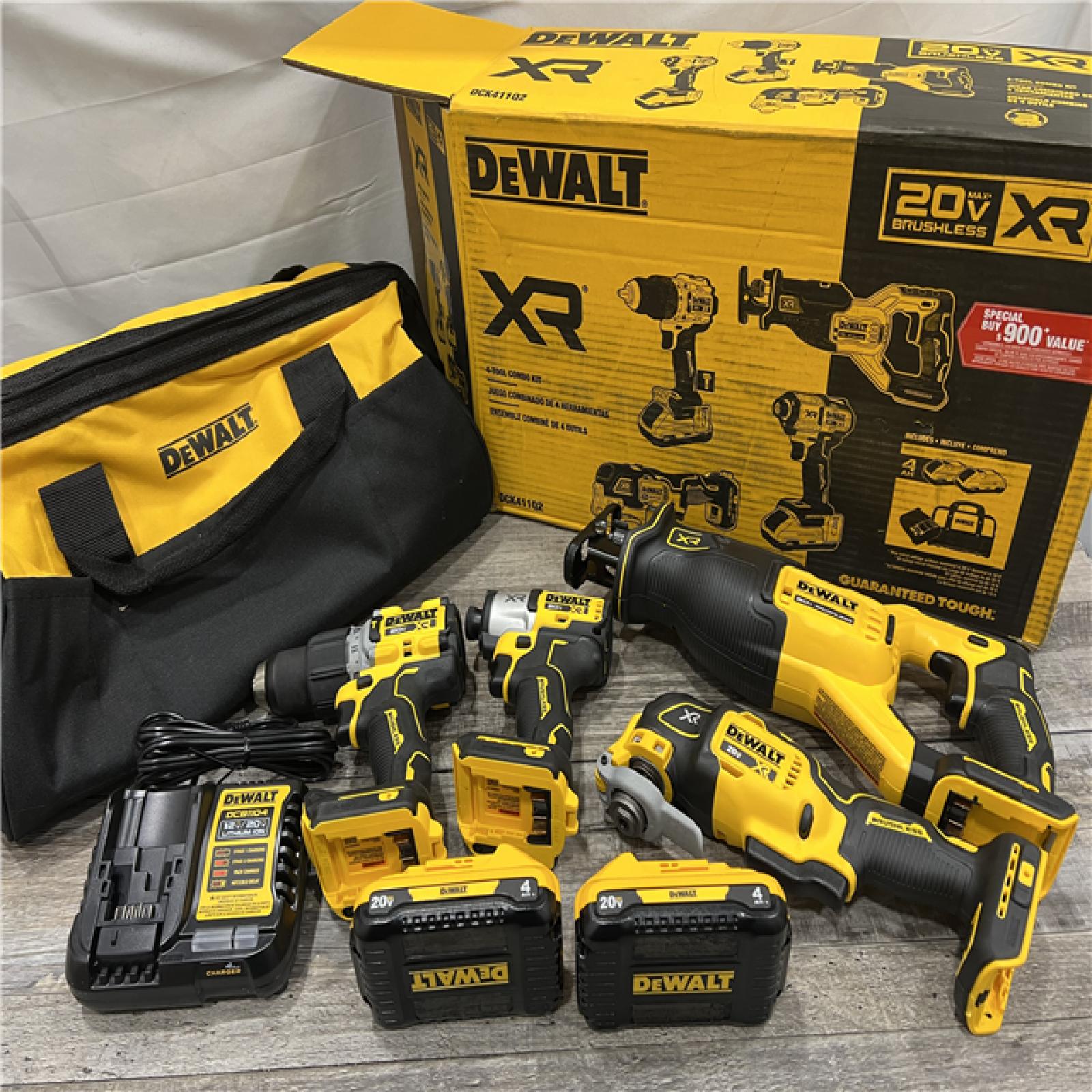 AS-IS DEWALT 20-Volt Maximum Lithium-Ion Cordless 4-Tool Combo Kit with (2) 4 Ah Batteries and Charger