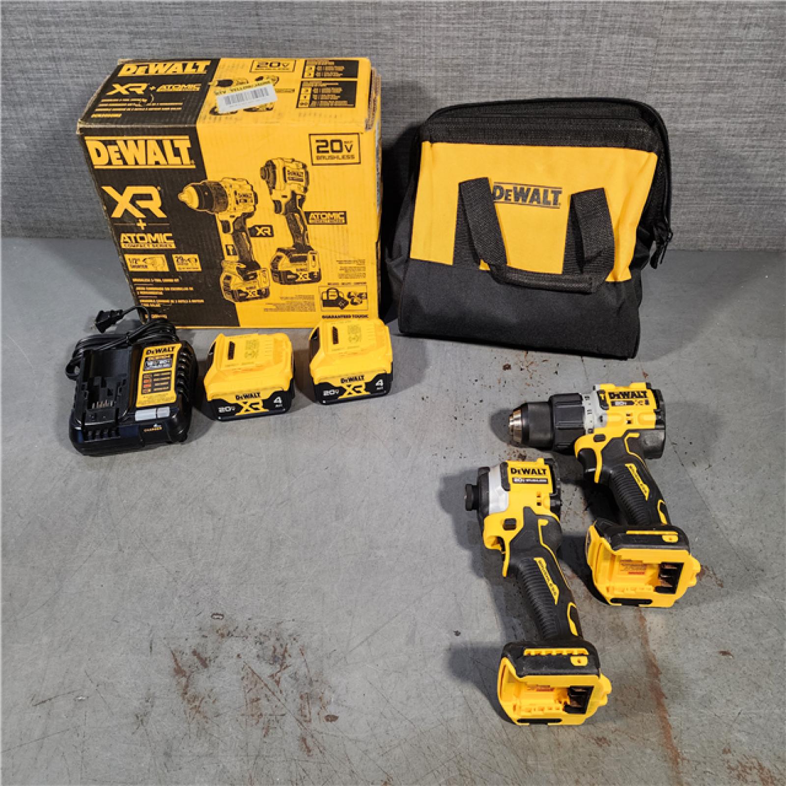 HOUSTON LOCATION - AS-IS DEWALT 20V MAX XR Hammer Drill and ATOMIC Impact Driver 2 Tool Cordless Combo Kit with (2) 4.0Ah Batteries, Charger, and Bag