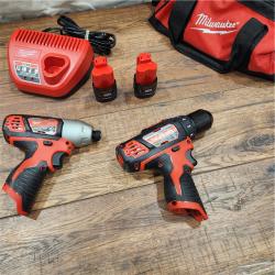 AS-IS Milwaukee 2494-22 M12 Cordless Combination 3/8  Drill / Driver and 1/4  Hex Impact Driver Dual Power Tool Kit (2 Lithium Ion Batteries  Charger  and B