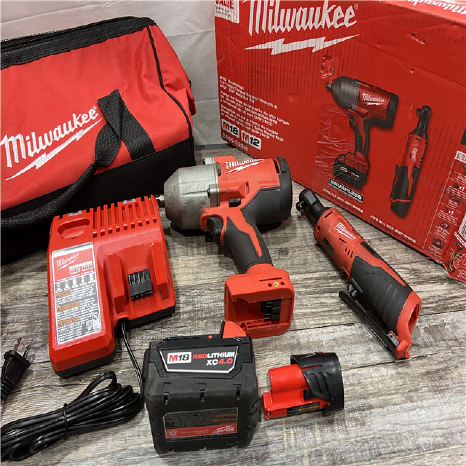 AS-IS MILWAUKEE M12/M18 12/18V Lithium-Ion Cordless 3/8 in. Ratchet and 1/2 in. High Torque Impact Wrench with Friction Ring Combo Kit