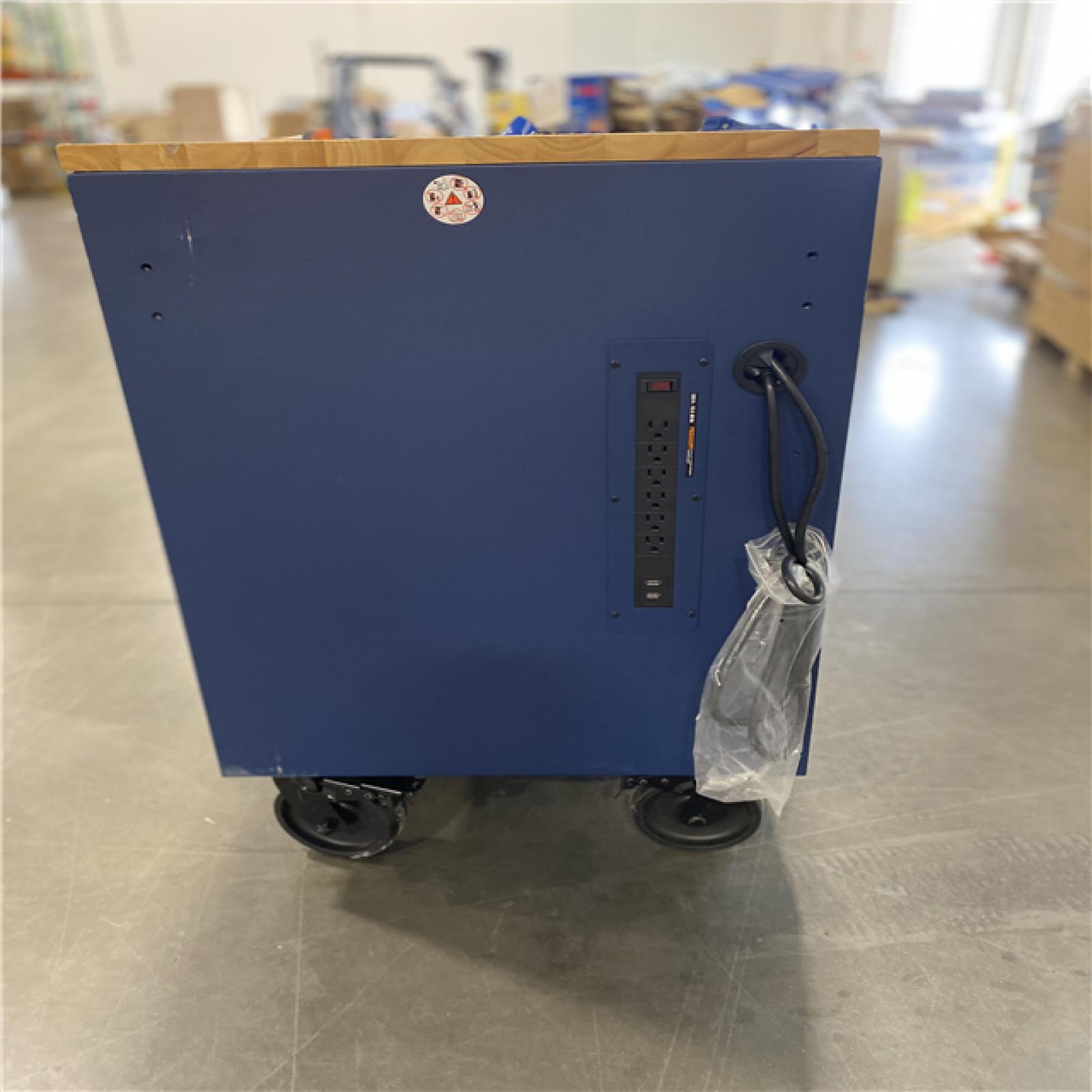 DALLAS LOCATION - Husky Tool Storage 72 in. W Heavy Duty Matte Blue Mobile Workbench Cabinet Adjustable Height Solid Wood Top