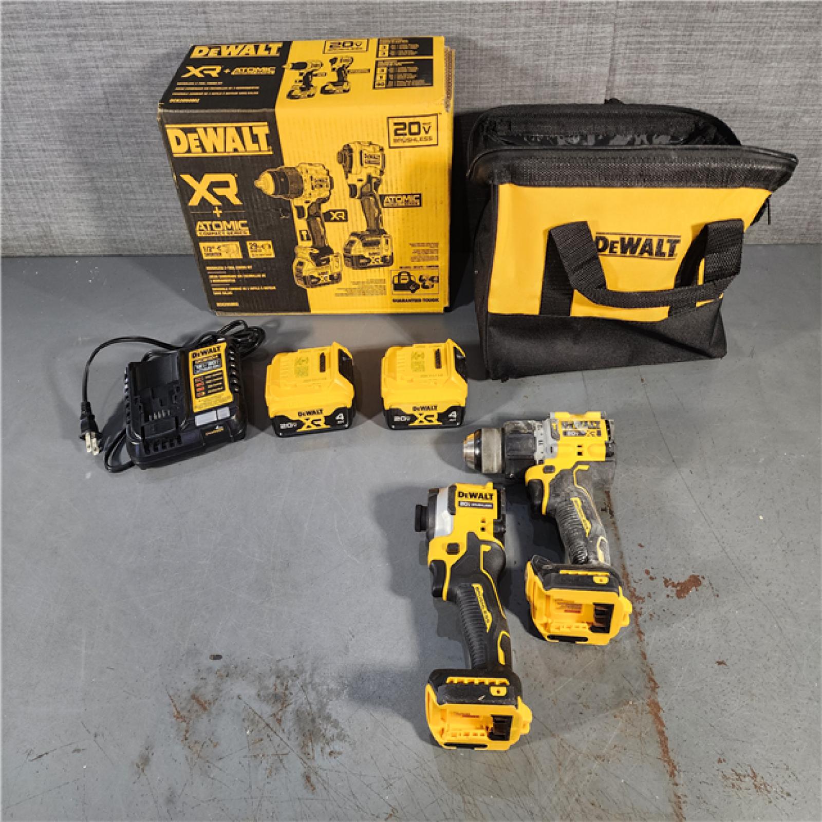 HOUSTON LOCATION - AS-IS DEWALT 20V MAX XR Hammer Drill and ATOMIC Impact Driver 2 Tool Cordless Combo Kit with (2) 4.0Ah Batteries, Charger, and Bag