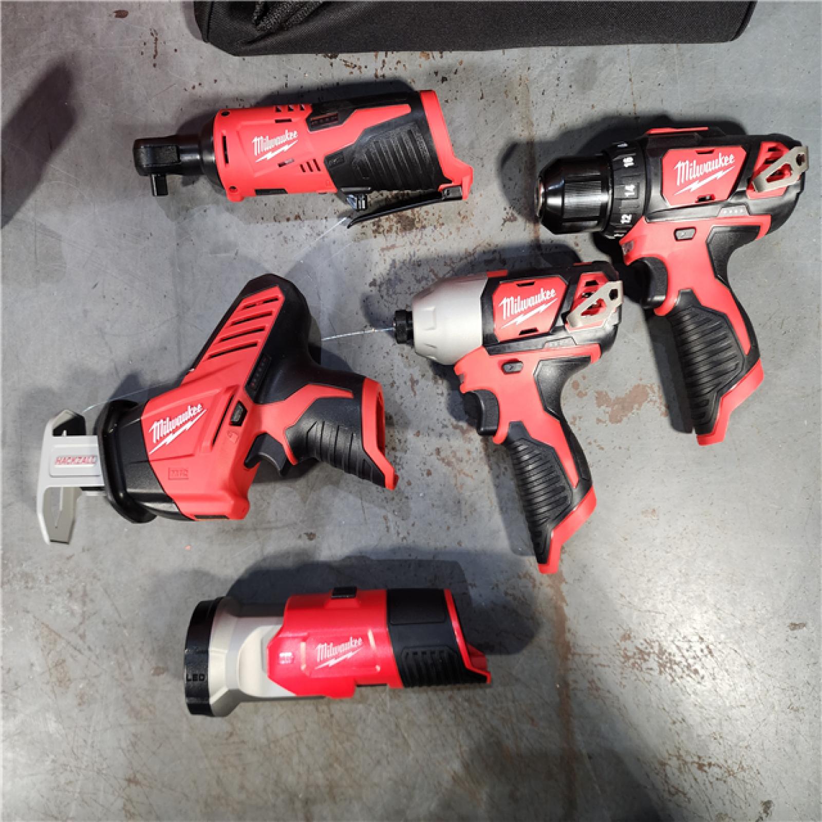 HOUSTON LOCATION - AS-IS (APPEARS LIKE NEW) MILWAUKEE M12 12V Lithium-Ion Cordless Combo Kit (5-Tool) with Two 1.5Ah Batteries, Charger & Tool Bag