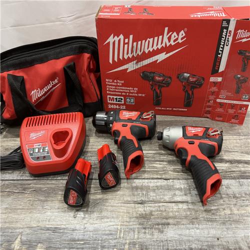 AS-IS MILWAUKEE M12 12V Lithium-Ion Cordless Drill Driver/Impact Driver Combo Kit with Two 1.5Ah Batteries, Charger and Bag (2-Tool)