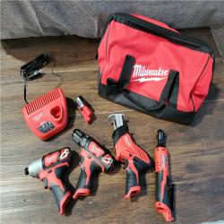 CALIFORNIA AS-IS MILWAUKEE M12 5-TOOL COMBO KIT (1 BATTERY,CHARGER,AND BAG INCLUDED)