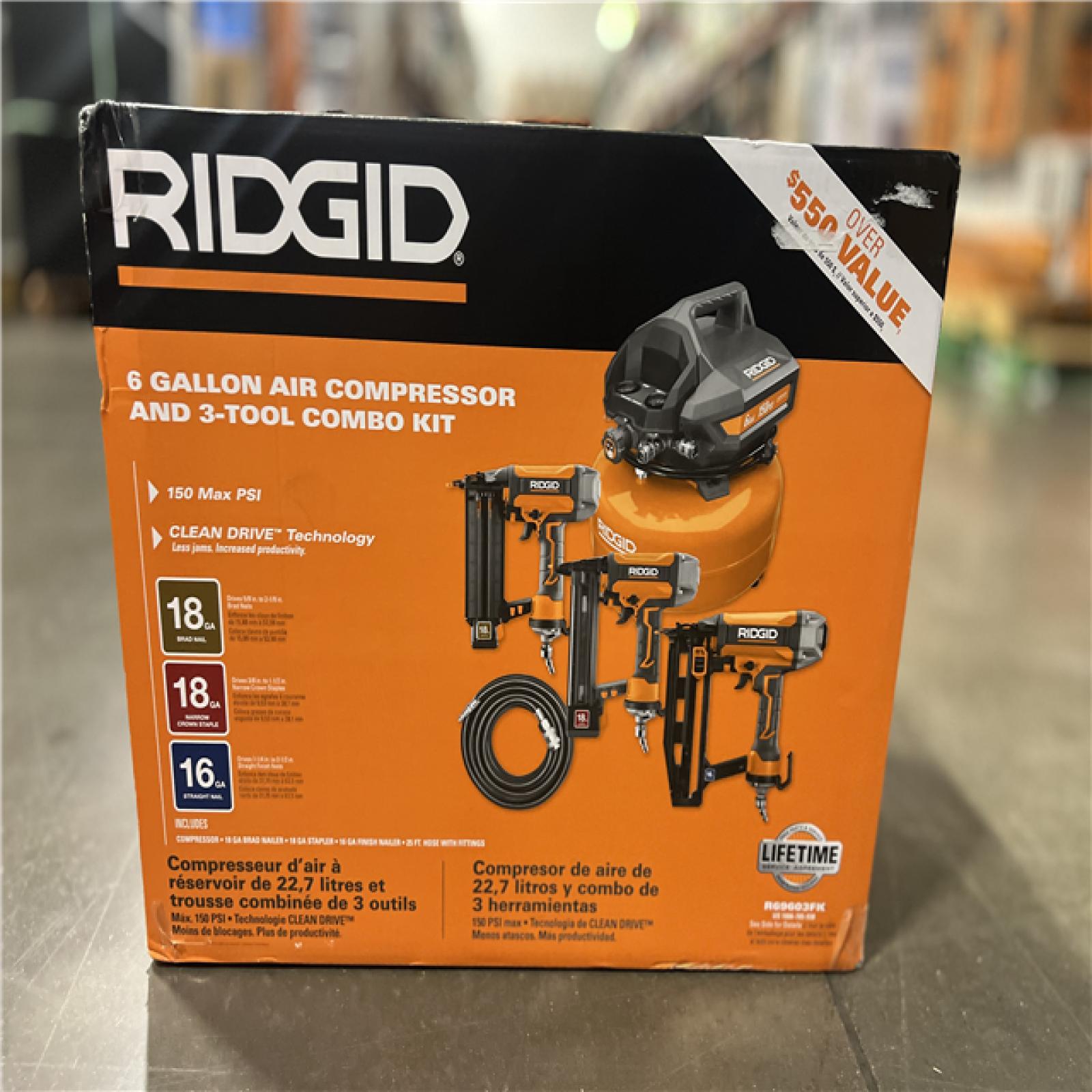 NEW! - RIDGID 6 Gal. Portable Electric Pancake Air Compressor w/ 18GA Brad Nailer, 16GA Straight Finish Nailer, & 18GA Finish Stapler