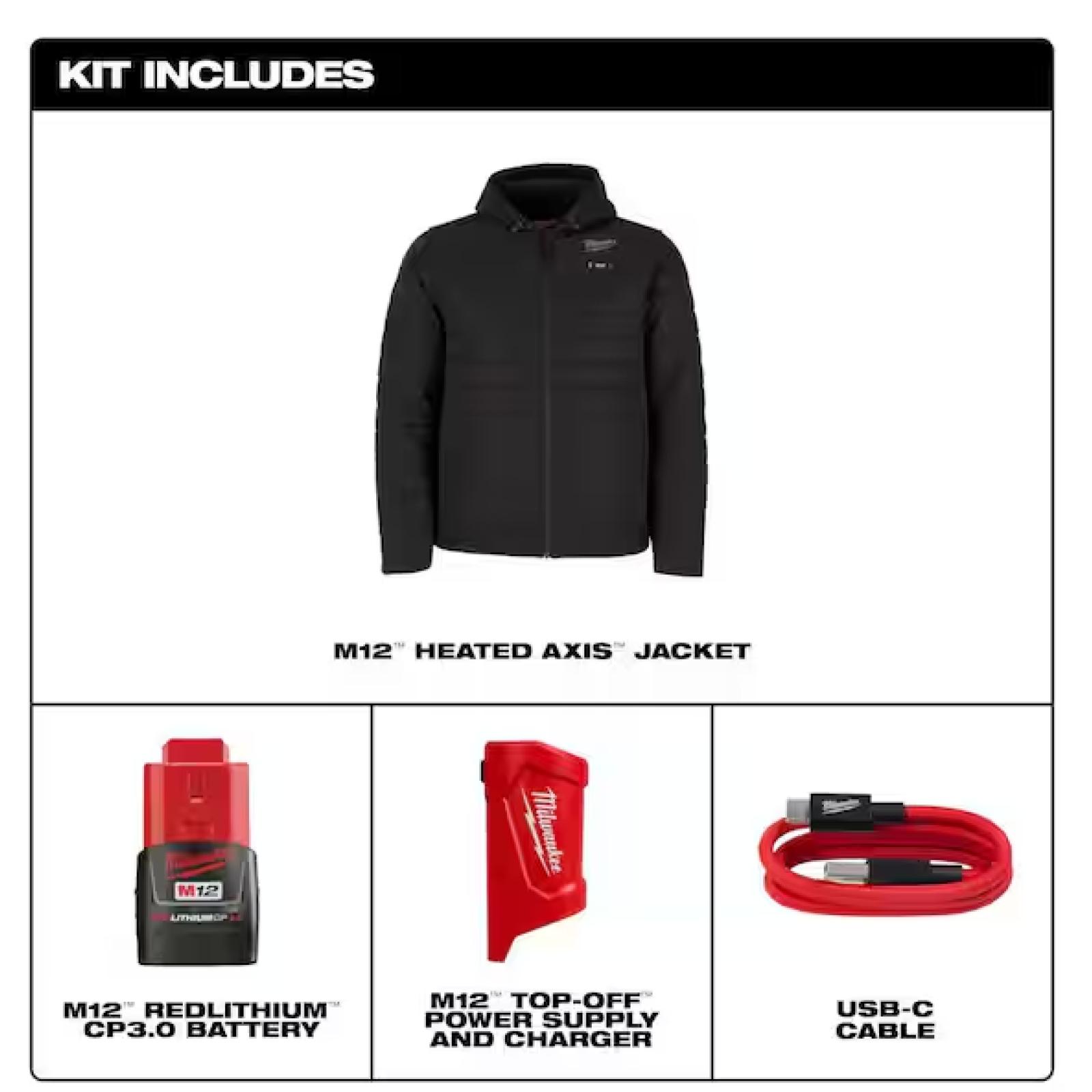 NEW! - Milwaukee Men's 3X-Large M12 12V Lithium-Ion Cordless AXIS Black Heated Jacket Kit with (1) 3.0 Ah Battery and Charger