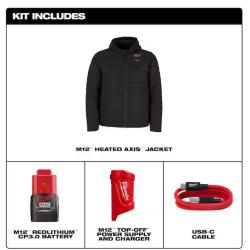 NEW! - Milwaukee Men's 3X-Large M12 12V Lithium-Ion Cordless AXIS Black Heated Jacket Kit with (1) 3.0 Ah Battery and Charger