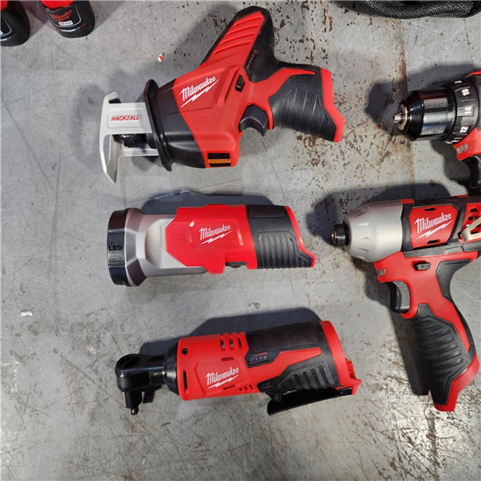 HOUSTON LOCATION - AS-IS MILWAUKEE M12 12V Lithium-Ion Cordless Combo Kit (5-Tool) with Two 1.5Ah Batteries, Charger & Tool Bag