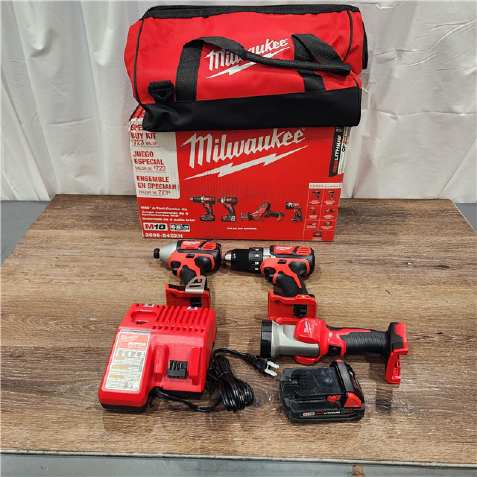 AS-IS M18 18-Volt Lithium-Ion Cordless Combo Kit 4-Tool with Two 2.0 Ah Batteries, Charger and Tool Bag