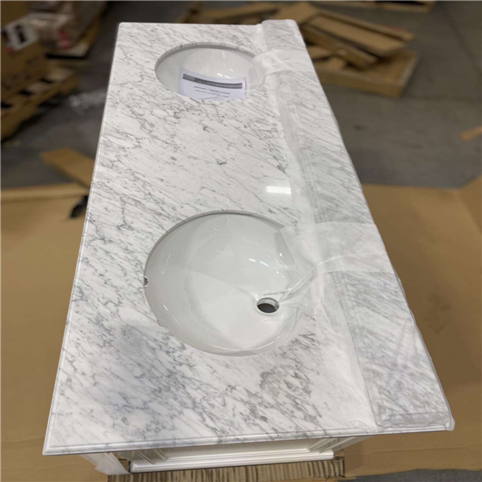 DALLAS LOCATION -  Home Decorators Collection Windlowe 61 in. Double Sink White Bath Vanity with White Carrara White Marble Top (Assembled)