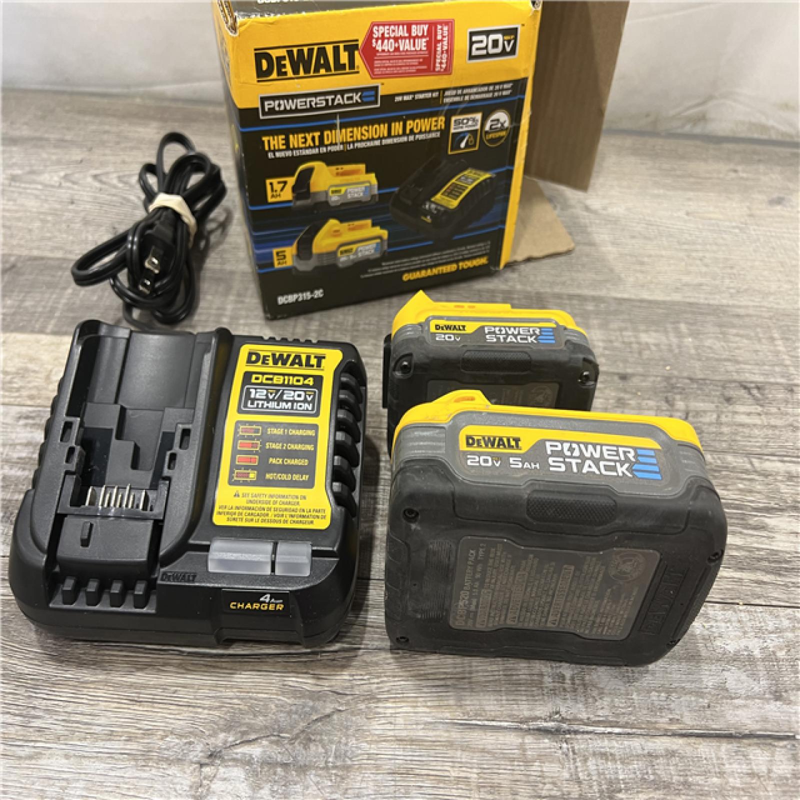 AS-IS DeWalt 20V MAX POWERSTACK DCBP315-2C Lithium-Ion 1.7Ah and 5Ah Battery and Charger Starter Kit 3 Pc