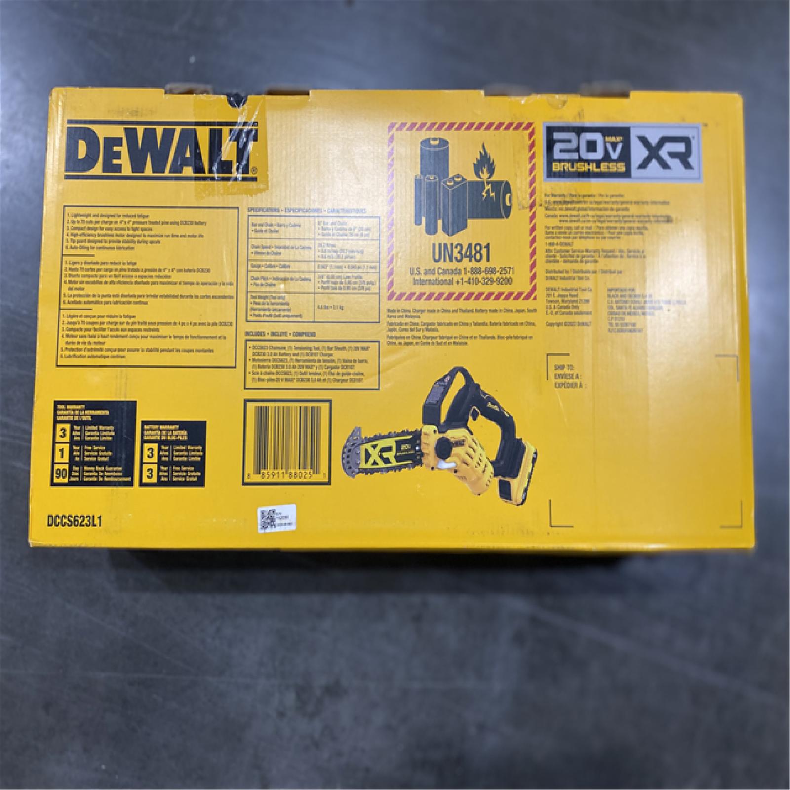 LIKE NEW! - DEWALT 20V MAX 8 in. Brushless Cordless Battery Powered Pruning Chainsaw Kit with (1) 3 Ah Battery & Charger