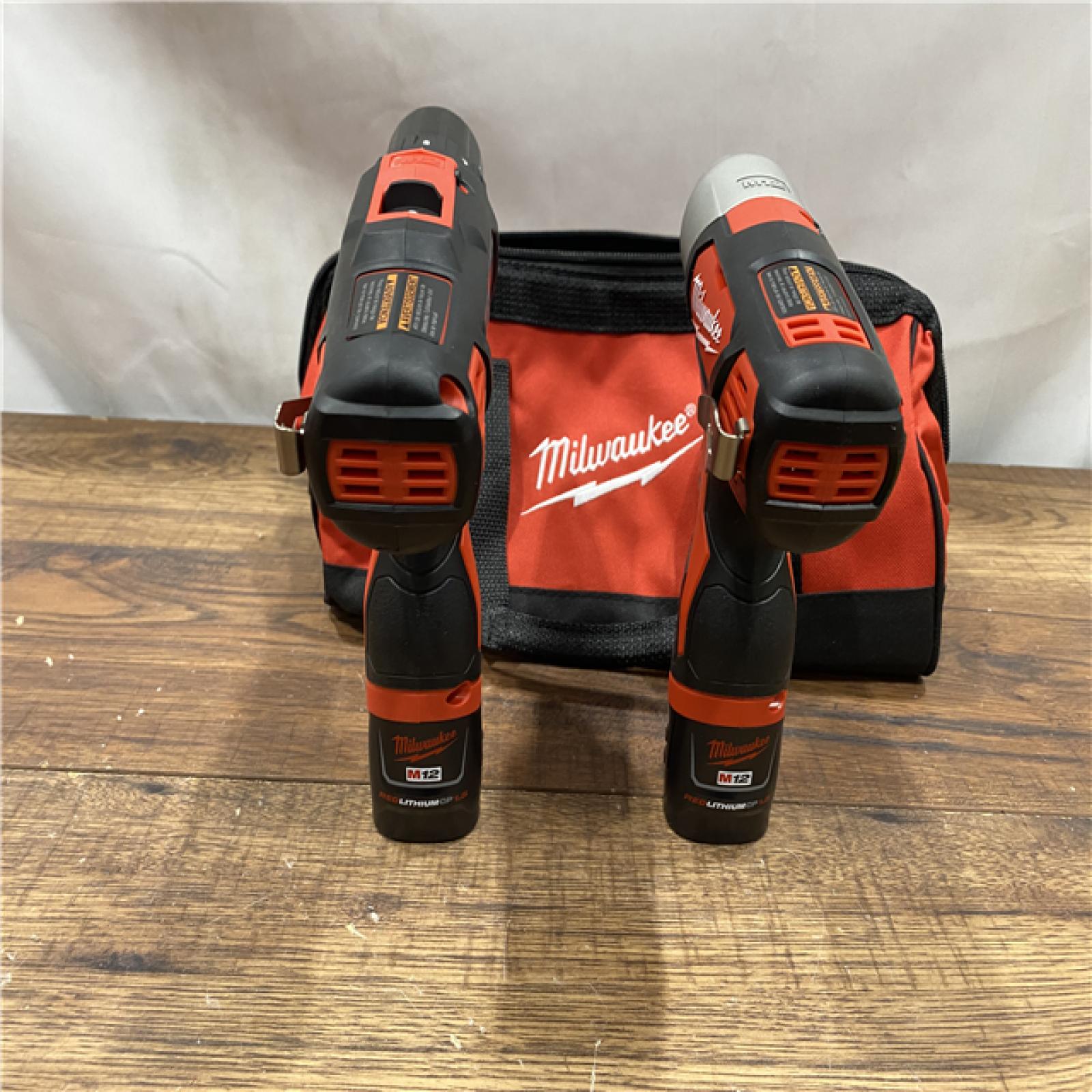 AS IS Milwaukee 2494-22 M12 Cordless Combination 3/8  Drill / Driver and 1/4  Hex Impact Driver Dual Power Tool Kit (2 Lithium Ion Batteries  Charger  and B