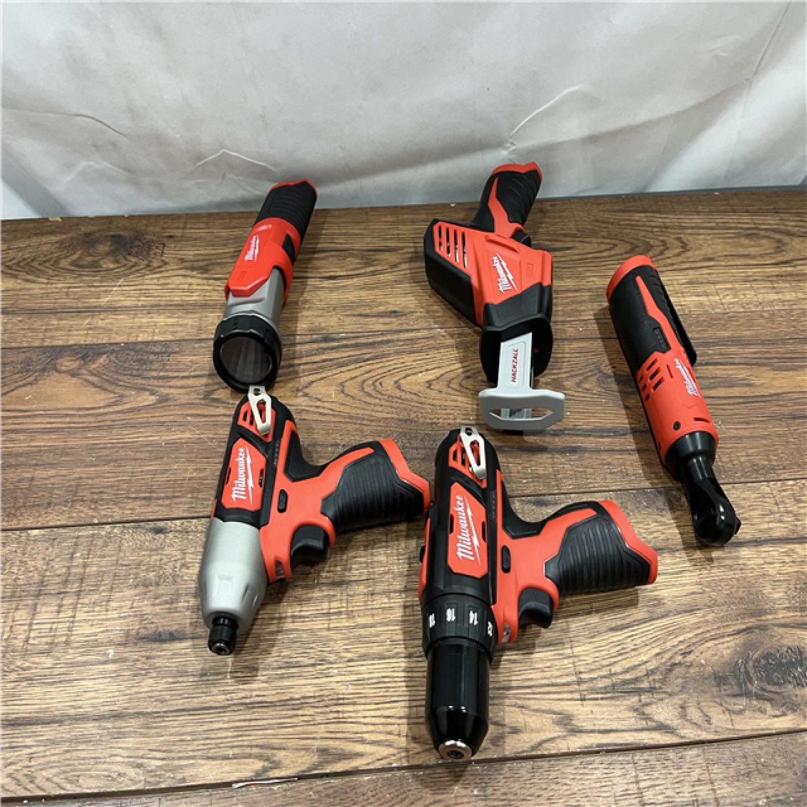 AS-IS MILWAUKEE M12 12V Lithium-Ion Cordless Combo Kit (5-Tool) with Two 1.5Ah Batteries, Charger & Tool Bag