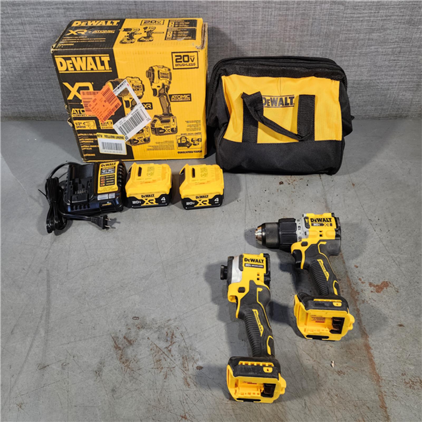 HOUSTON LOCATION - AS-IS DEWALT 20V MAX XR Hammer Drill and ATOMIC Impact Driver 2 Tool Cordless Combo Kit with (2) 4.0Ah Batteries, Charger, and Bag