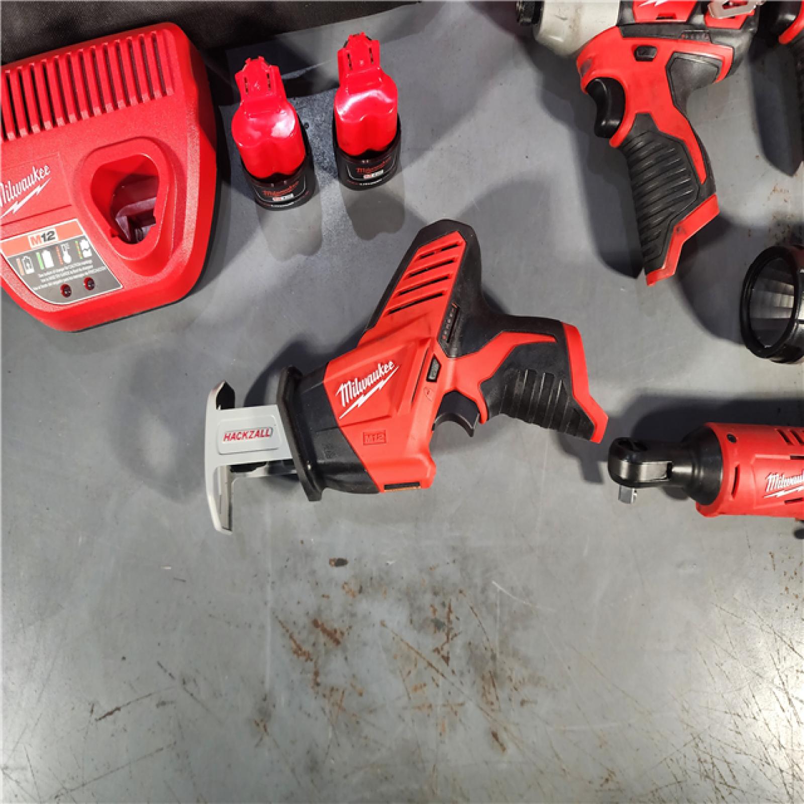 HOUSTON LOCATION - AS-IS MILWAUKEE M12 12V Lithium-Ion Cordless Combo Kit (5-Tool) with Two 1.5Ah Batteries, Charger & Tool Bag