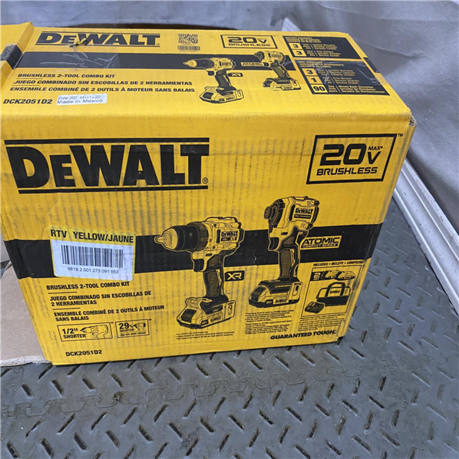 Houston location AS-IS DEWALT 20V MAX XR Cordless Drill/Driver, ATOMIC Impact Driver 2 Tool Combo Kit, (2) 2.0Ah Batteries, Charger, and Bag