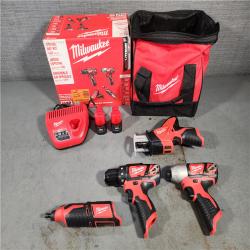 HOUSTON LOCATION - AS-IS (APPEARS LIKE NEW) M12 12V Lithium-Ion Cordless 4-Tool Combo Kit with (2) Compact 1.5Ah Batteries and Charger