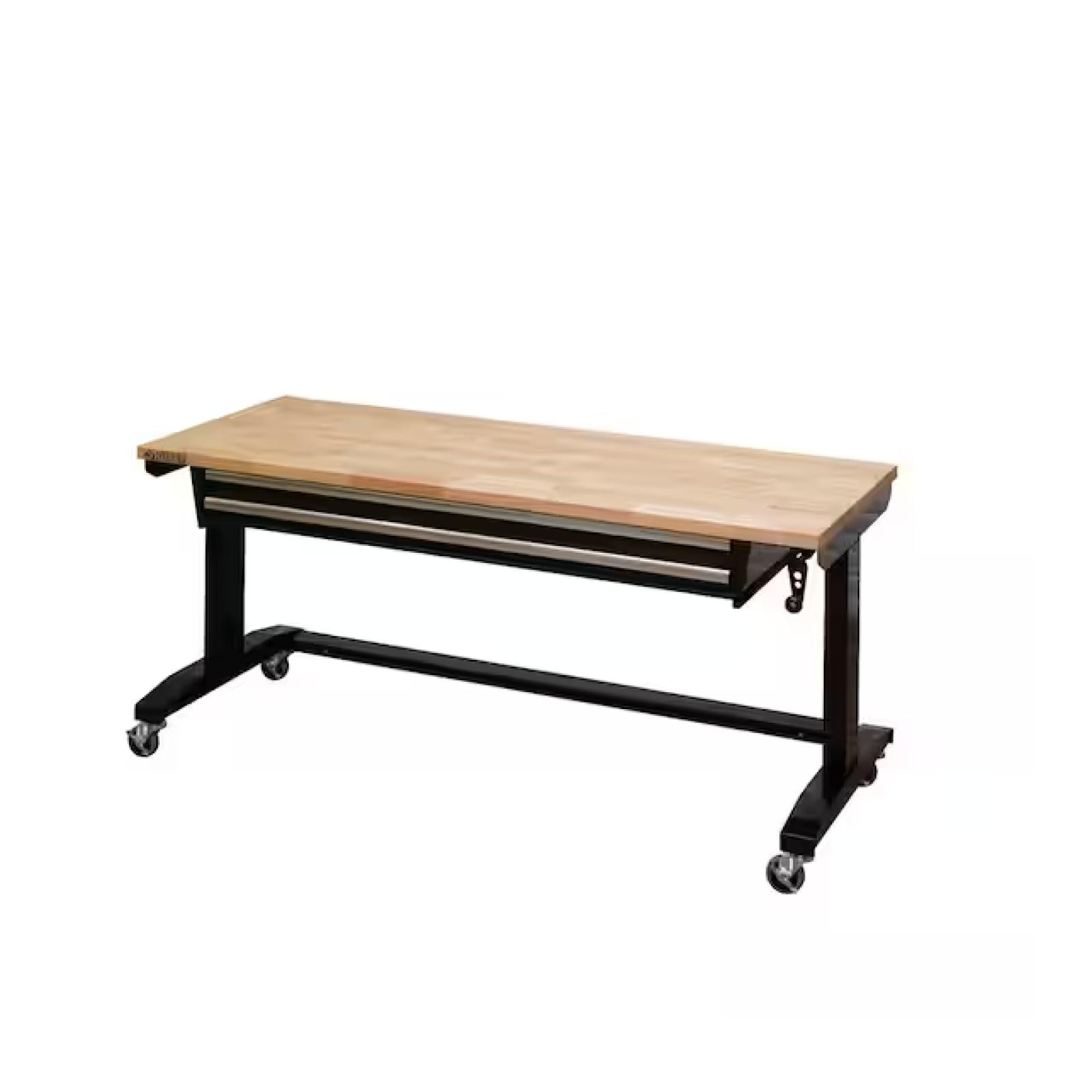 DALLAS LOCATION - Husky 62 in. W x 24 in. D 2-Drawer Adjustable Height Black Workbench Table with Solid Wood Top