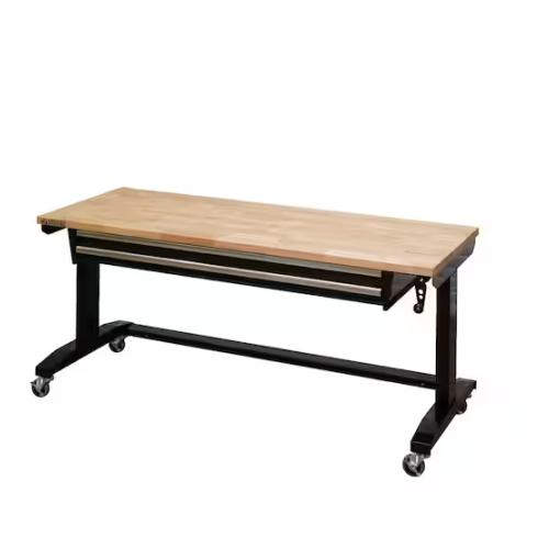 DALLAS LOCATION - Husky 62 in. W x 24 in. D 2-Drawer Adjustable Height Black Workbench Table with Solid Wood Top