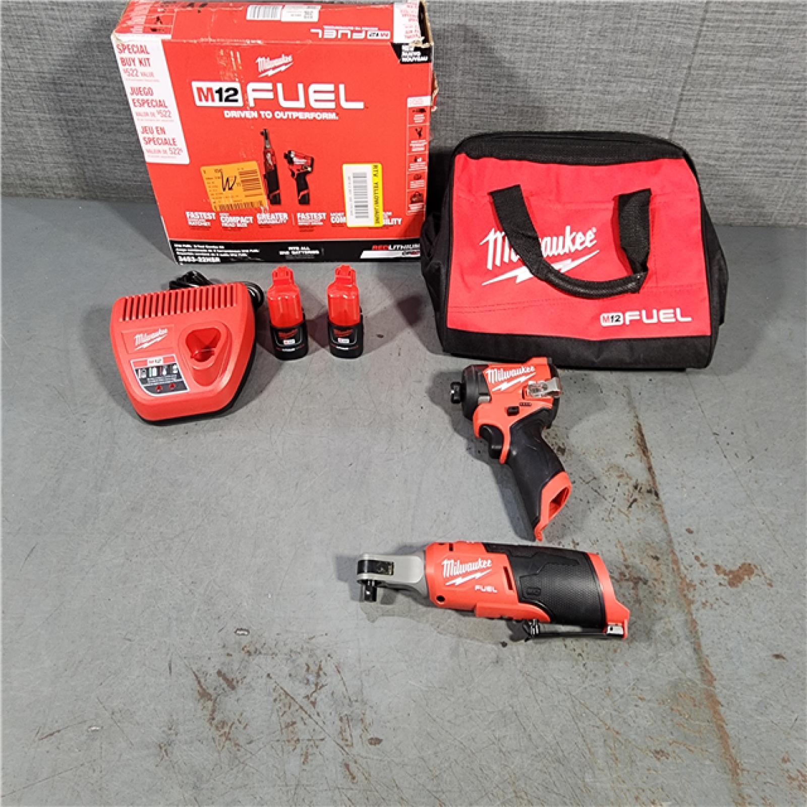 HOUSTON LOCATION - AS-IS Milwaukee 3453-22HSR M12 FUEL 12V Lithium-Ion Cordless 3/8 in. Ratchet and 1/4 in. Impact Driver Kit