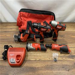 AS IS MILWAUKEE M12 12V Lithium-Ion Cordless Combo Kit (5-Tool) with Two 1.5Ah Batteries, Charger & Tool Bag