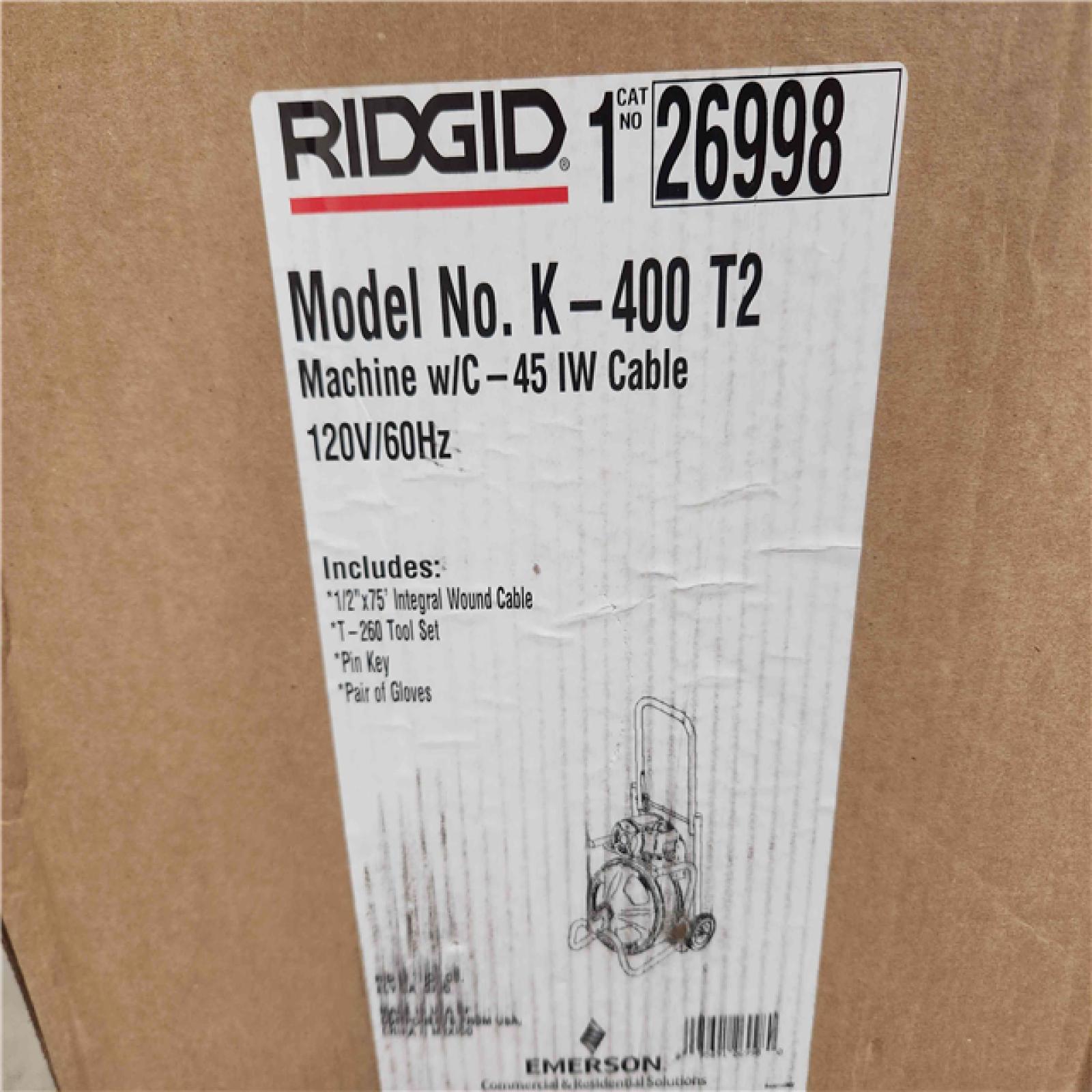 Phoenix Location NEW RIDGID K-400 Drain Cleaning Snake Auger Machine, C-45 IW 1/2 in. x 75 ft. Cable inside Drum plus 4-Piece Tool Set and Gloves 26998