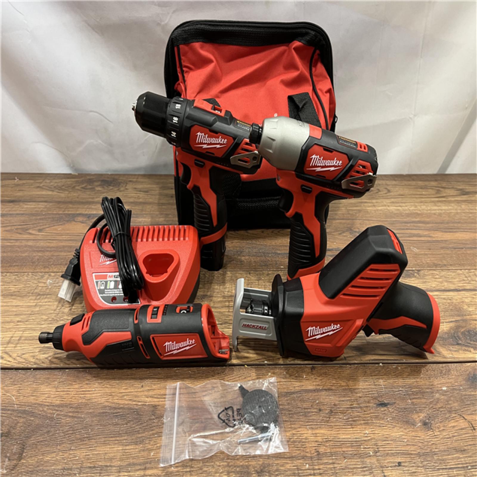 AS IS M12 12V Lithium-Ion Cordless 4-Tool Combo Kit with (2) Compact 1.5Ah Batteries and Charger