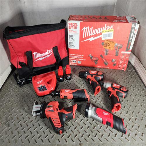 HOUSTON LOCATION - AS-IS MILWAUKEE M12 12V Lithium-Ion Cordless Combo Kit (5-Tool) with Two 1.5Ah Batteries, Charger & Tool Bag