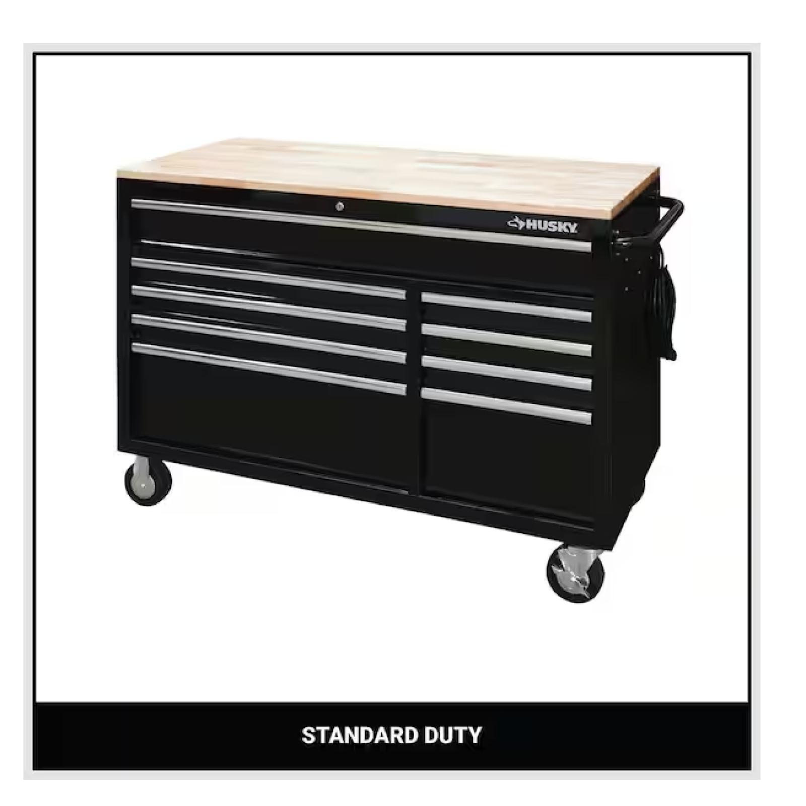 DALLAS LOCATION - Husky 52 in. W x 25 in. D Standard Duty 9-Drawer Mobile Workbench Tool Chest with Solid Wood Top in Gloss Black