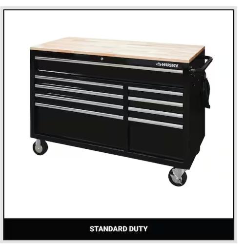 DALLAS LOCATION - Husky 52 in. W x 25 in. D Standard Duty 9-Drawer Mobile Workbench Tool Chest with Solid Wood Top in Gloss Black