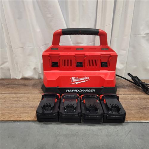 AS IS M18 18-Volt Lithium-Ion Battery Pack (2) 5.0Ah and High Output Battery Pack (2) 6.0Ah with PACKOUT 6-Port Rapid Charger