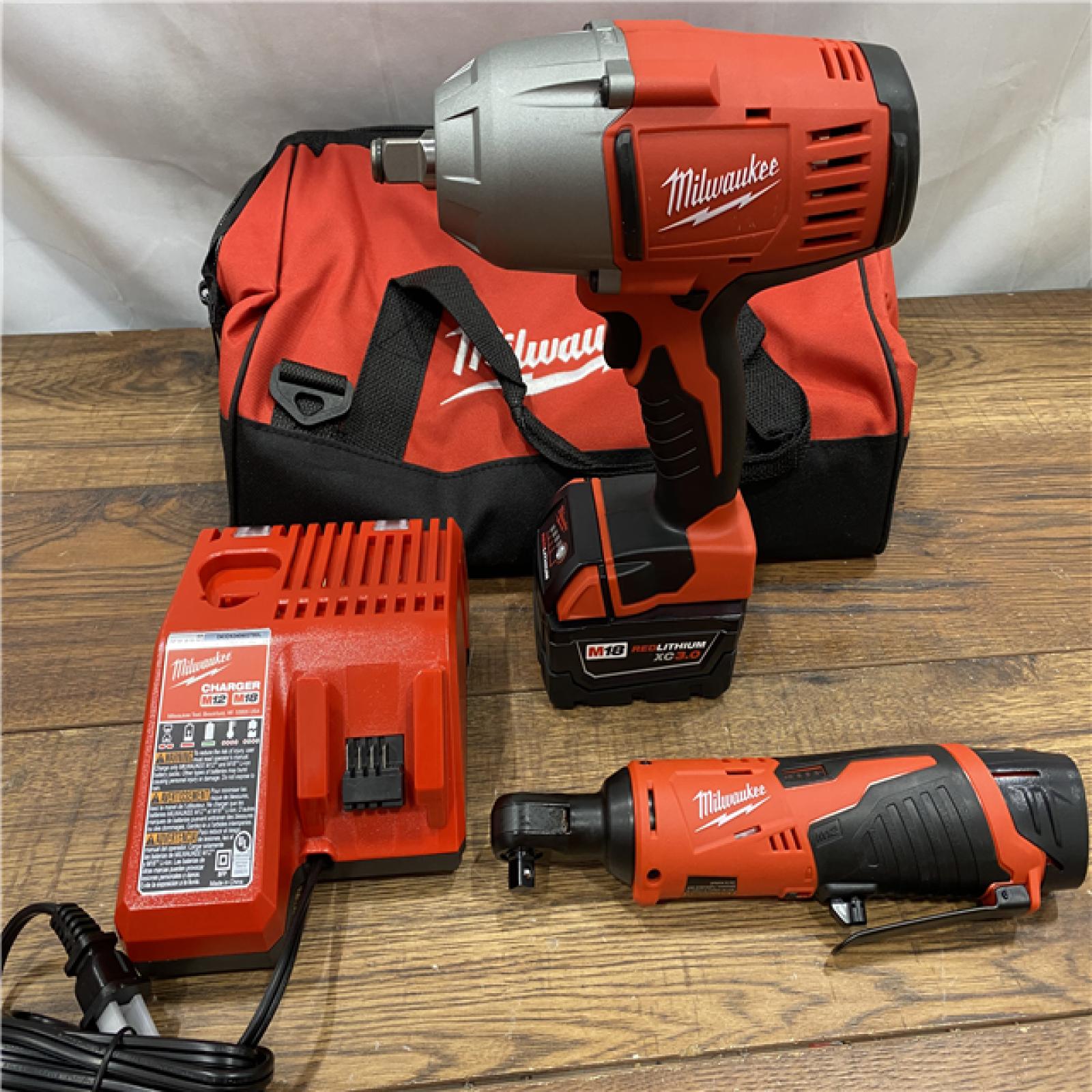 AS IS M18/M12 12/18V Lithium-Ion Cordless 3/8 in. Ratchet and 1/2 in. Impact Wrench with Friction Ring Combo Kit