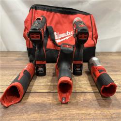 AS IS MILWAUKEE M12 12V Lithium-Ion Cordless Combo Kit (5-Tool) with Two 1.5Ah Batteries, Charger & Tool Bag