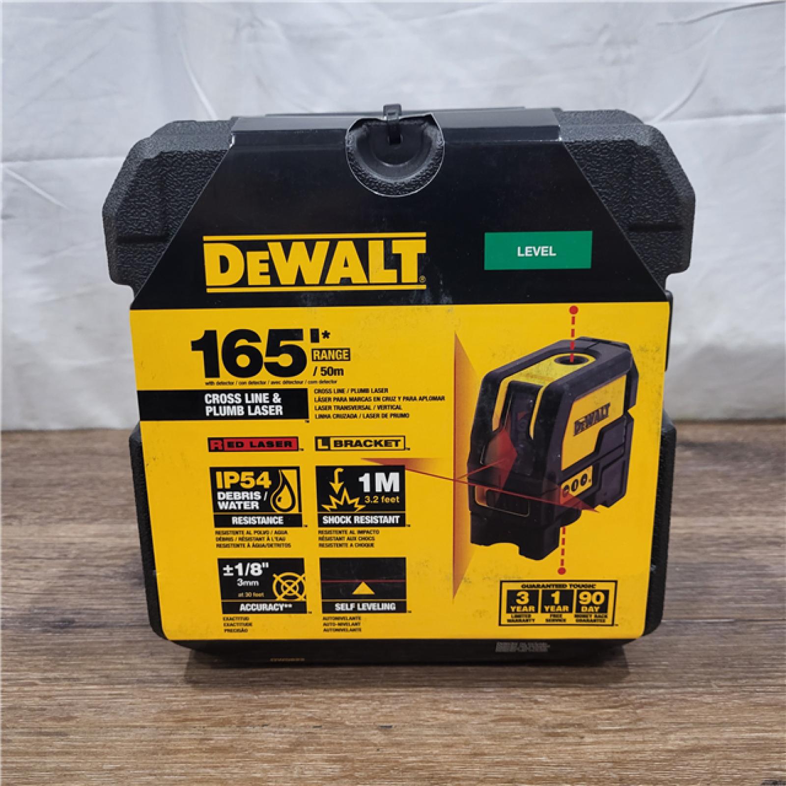 NEW! DEWALT 165 Ft. Red Self-Leveling Cross-Line and Plumb Spot Laser Level with (3) AAA Batteries & Case