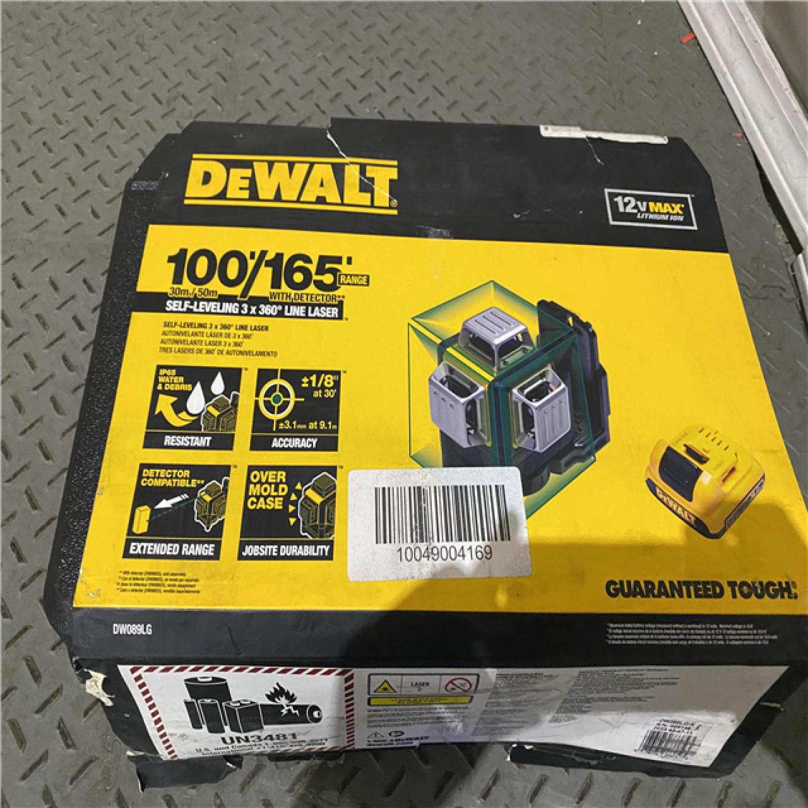 Houston location AS-IS DEWALT 12V MAX Lithium-Ion 100 Ft. Green Self-Leveling 3-Beam 360 Degree Laser Level with 2.0Ah Battery, Charger and Case